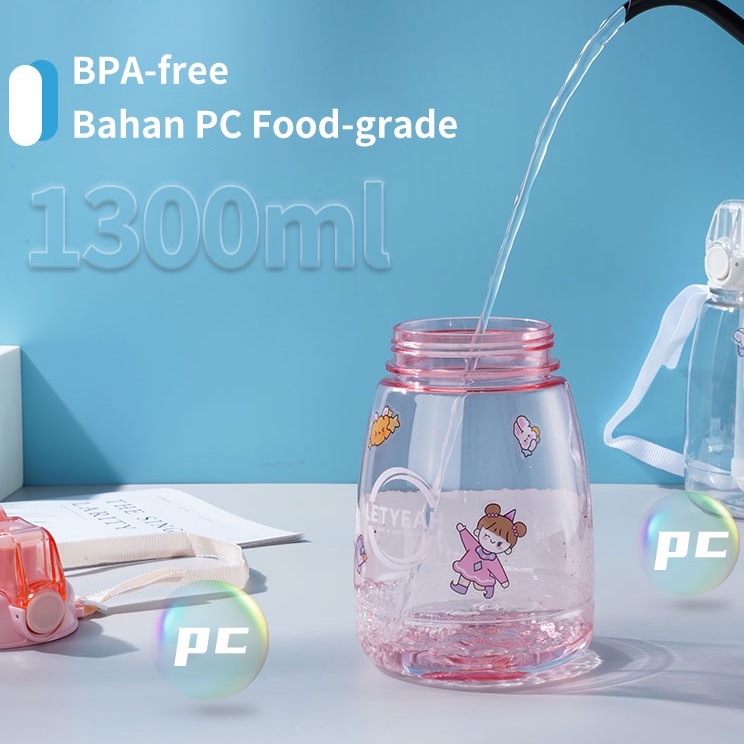 Letyeah &amp; Kaizenliving Botol minum dengan sedotan dan dilengkapi tali 1300ml / botol Kapasitas tinggi free sticker BPA free