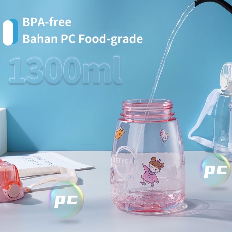 Letyeah &amp; Kaizenliving Botol minum dengan sedotan dan dilengkapi tali 1300ml / botol Kapasitas tinggi free sticker BPA free