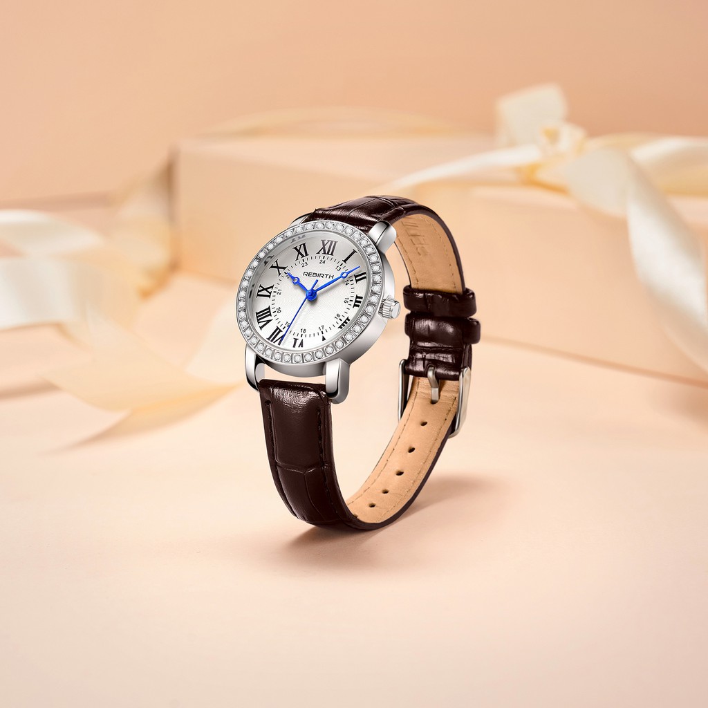 REBIRTH Jam Tangan Wanita Santai Olahraga Roman Dial Tali Kulit Tahan Air Kuarsa Jam Tangan Cewek-1