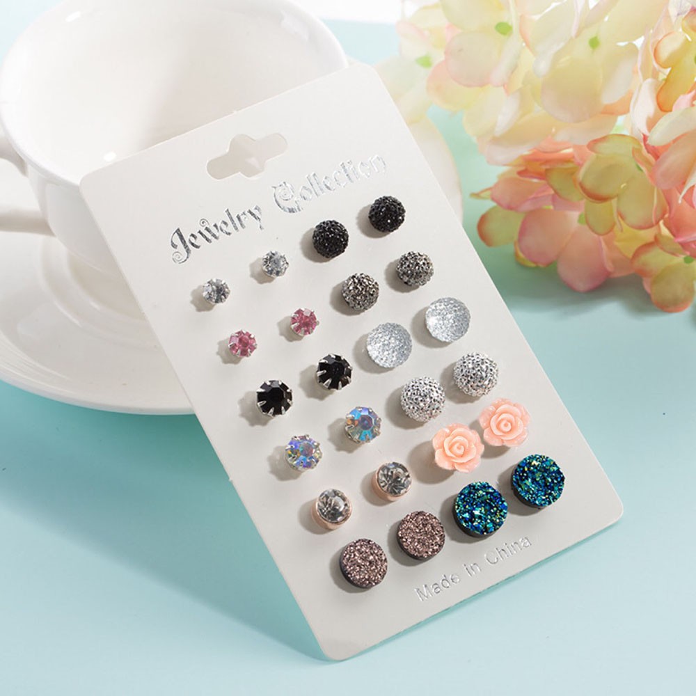 12 Pasang / Set Anting Bulat Motif Bunga Manis