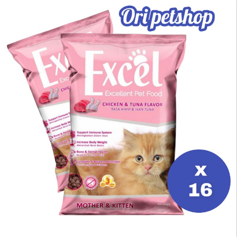 (paket 16pcs) Excel Mother &amp; Kitten 500gr Makanan Anak Kucing - Grab/Gosend