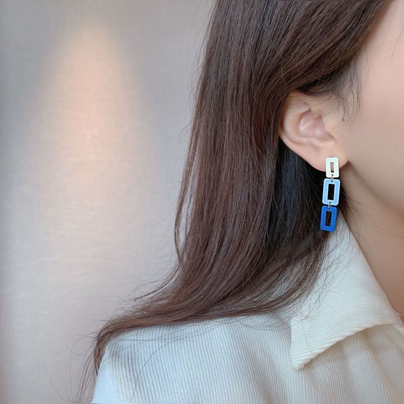 Korea baru S jarum perak biru rectangular telinga stud jahitan kontras warna elegan dan personalized