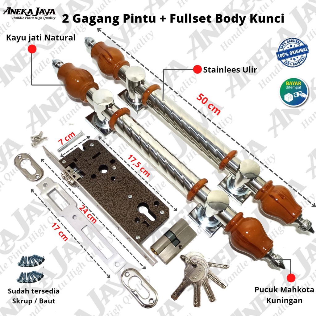 Satu Set kunci 2 Gagang pintu rumah 50 cm / Gagang pintu rumah / pegangan pintu set stainlees kayu