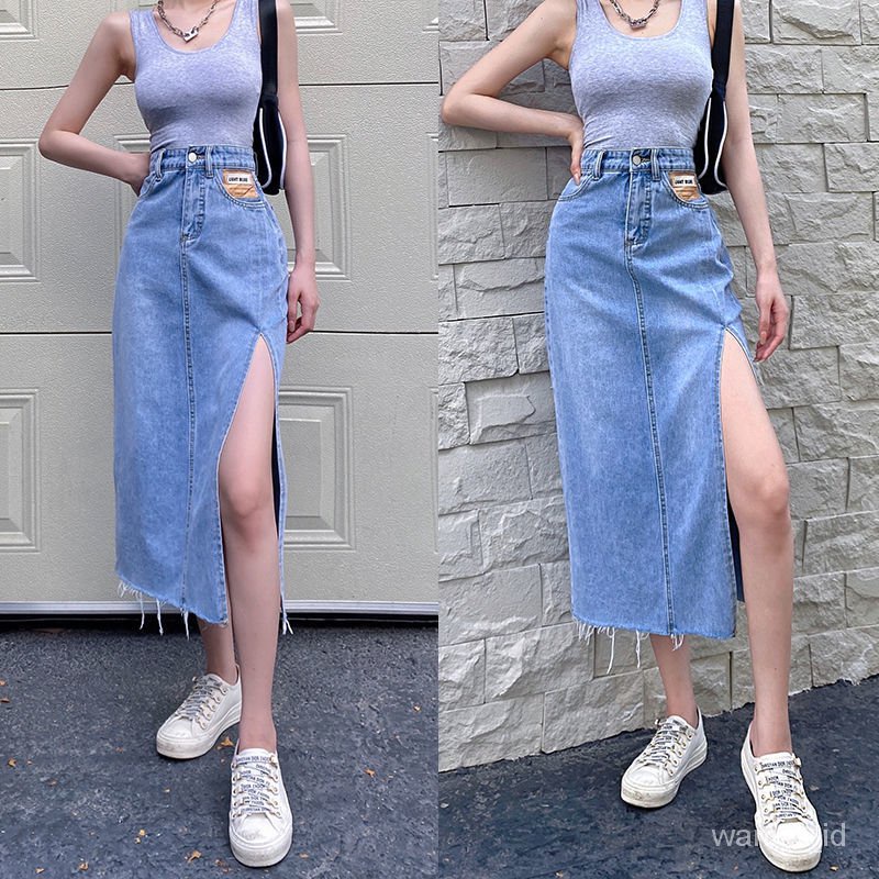 【wanita.id】rok jeans panjang korean style skirt midi rok denim panjang rok belah samping rok daily rok sepan sma rok model a jumbo