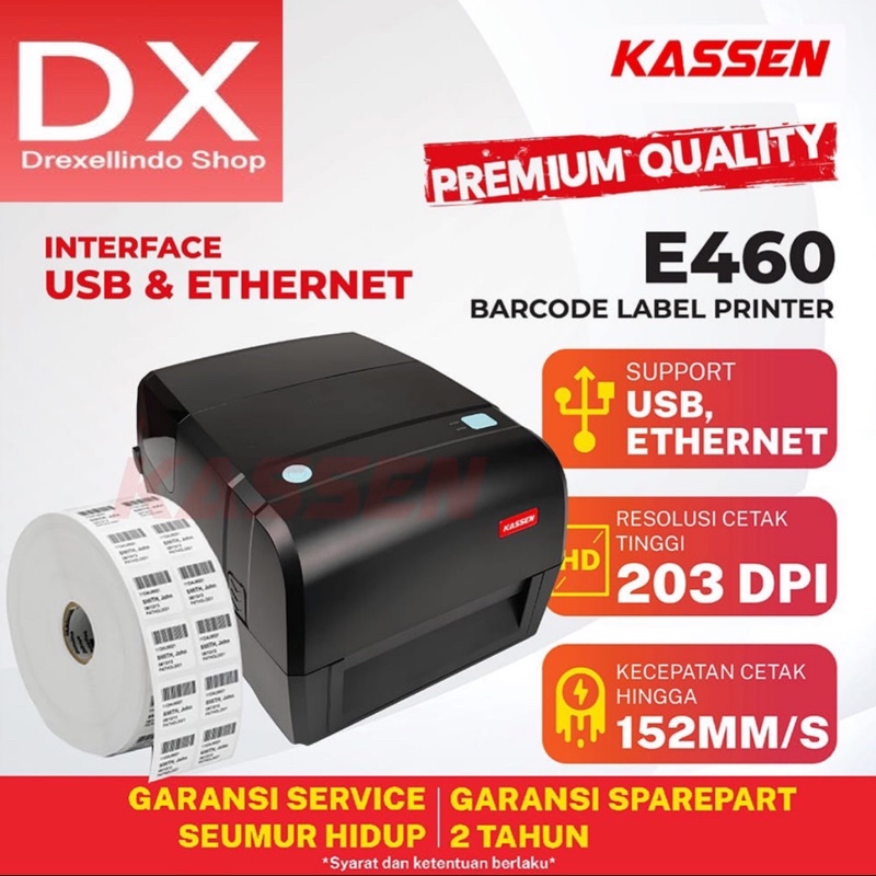 PRINTER LABEL BARCODE KASSEN E-460 110MM A6 TRANSFER THERMAL