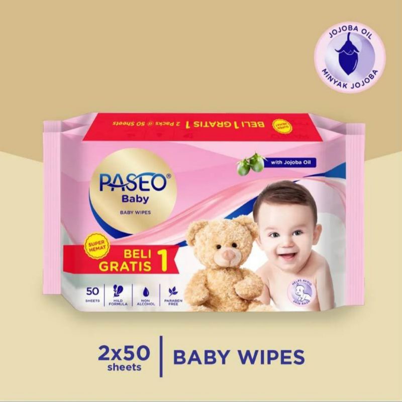 Paseo Baby wipes with Jojoba oil Beli 1 gratis 1 (50sheetsx2) / Tissue Basah bayi Paseo PINK BOGO