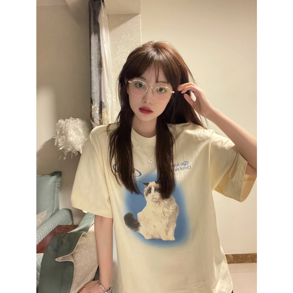 [100%  Katun]Cat Kaos Lengan Pendek Cream Atasan Wanita Oversize Printed T-shirt Kekinian Korean Style