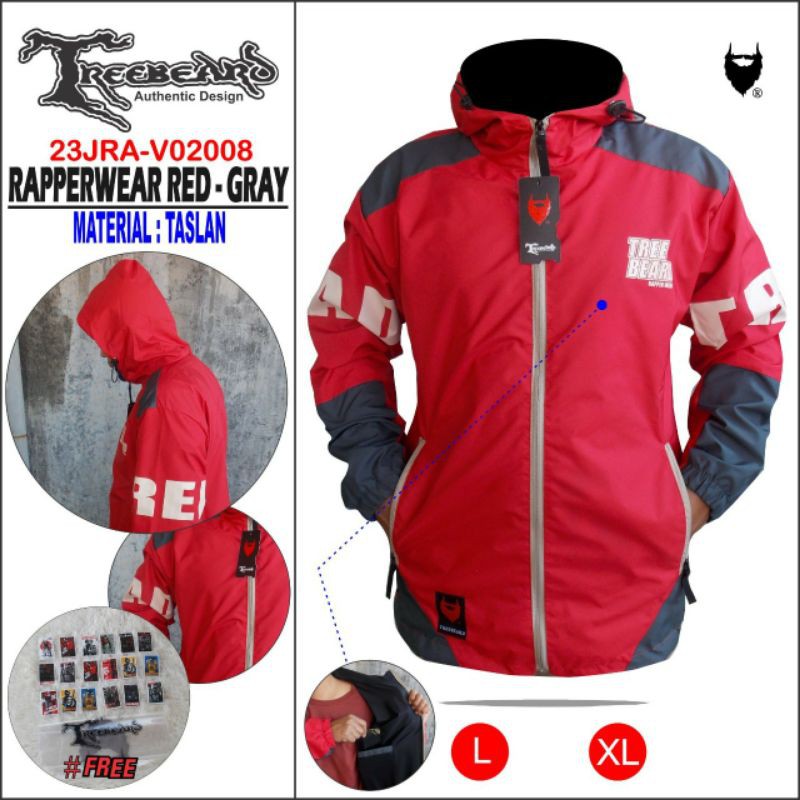 RAPPERWEAR Jaket Gunung TREEBEARD Anti Air / Jaket Pria & Wanita / Jaket Hoodie Outdoor Waterproof-RA RED-GRAY