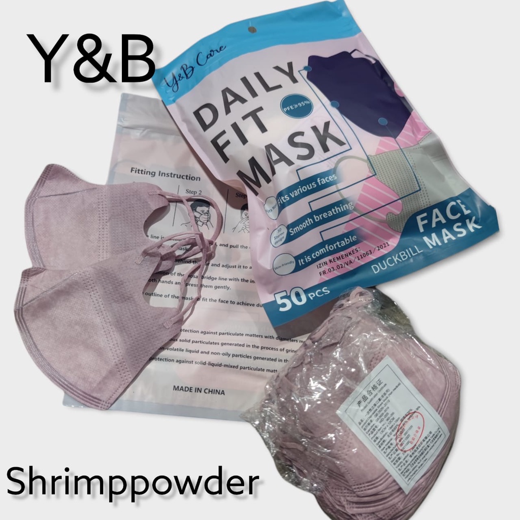 GREY SILVER SHRIMPINK DB YB CARE PACK 50 - MASKER DUCKBILL Y&amp;B CARE EARLOOP 3PLY GARIS WARNA