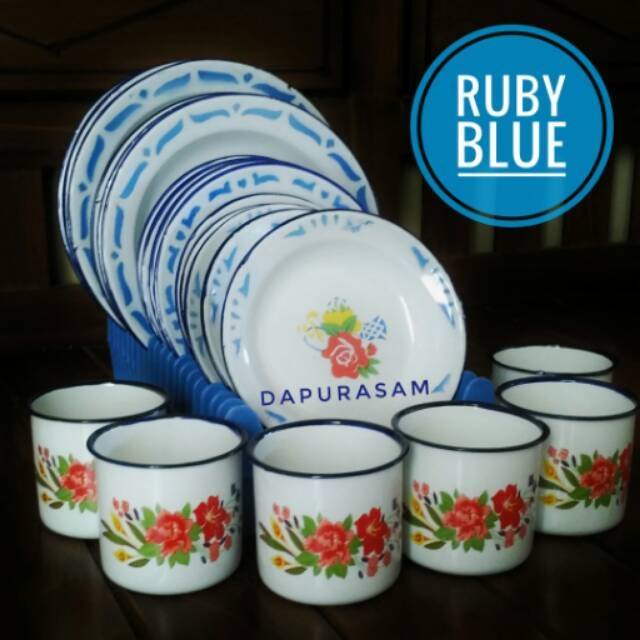[ COD ] Ruby Blue Paket Piring dan Gelas Enamel seri warna Biru Blek Seng Kaleng Jadul Vintage