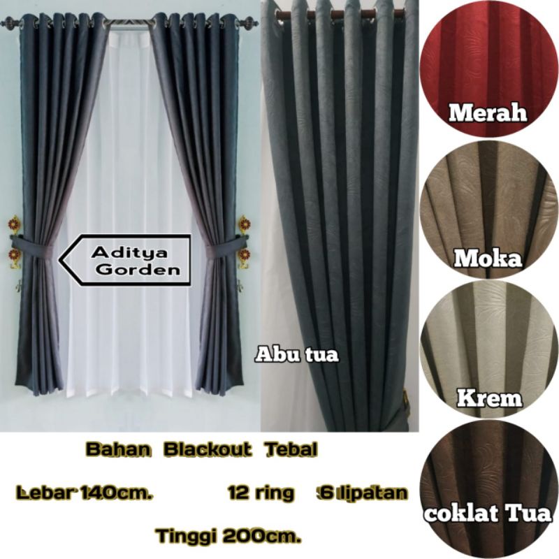 Gorden Jendela Pintu Kamar Minimalis Blackout Polos Import Murah 12 Lubang ring 6 lipatan panjang 20