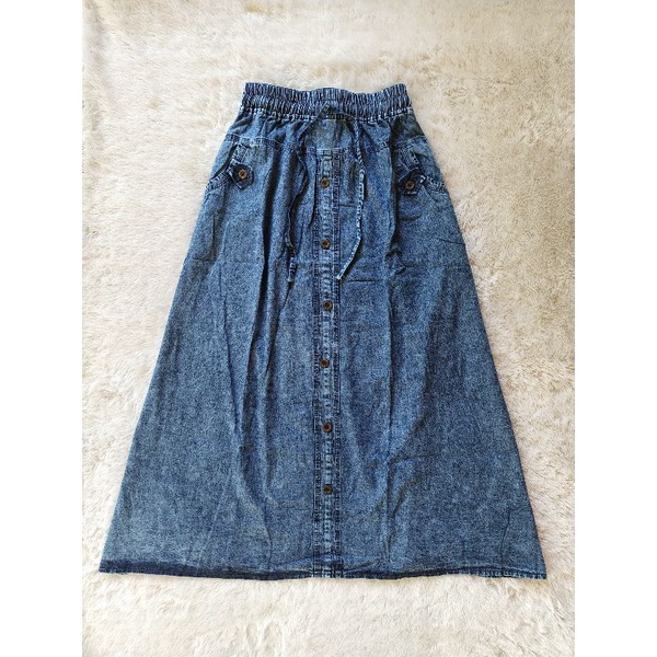 Rok jeans premium rempel dewasa kancing panjang/rok jeans pinggang karet bawah kerut dewasa-Biru snow