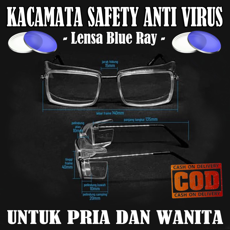 Kacamata Safety Glasses Anti Virus Lens Antiradiasi Blueray Kaca mata Pelindung Kacamata Lab