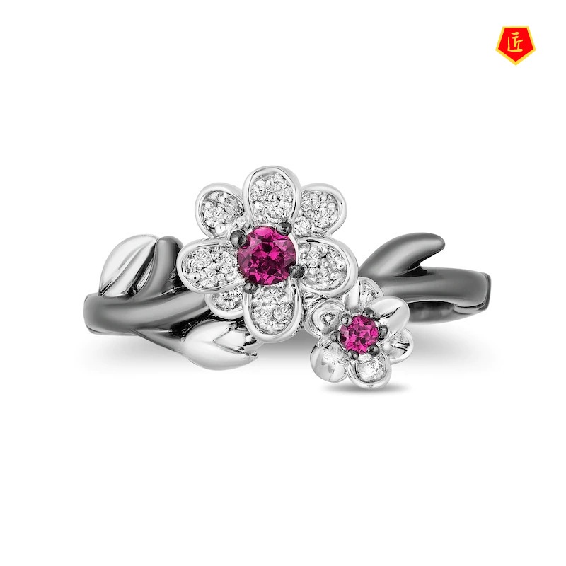 [Ready Stock]New Ring Black Gold Necklace Full Diamond Flower Ear Stud Suit