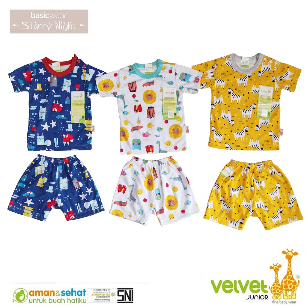 Velvet Junior Setelan Pendek Starry Night Kancing Pundak Celana Pendek Size S M L - Baju Tidur Bayi