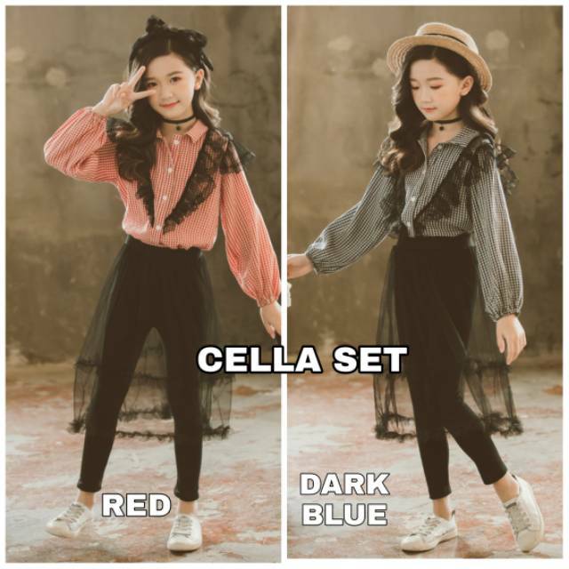 CELLA SET / SETELAN KEMEJA LENGAN PANJANG CELANA PANJANG ANAK CEWEK IMPORT KOREA MOTIF KOTAK