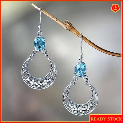 [Ready Stock]S925 Silver Vintage Inlaid Sea Blue Topaz Hollow Stud Earrings