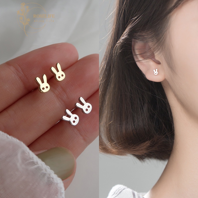 1 Pasang Anting Stud Desain Kelinci Kecil Bahan S925 Silver Anti Alergi Untuk Aksesoris Pelajar