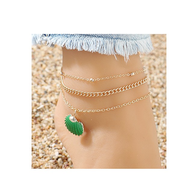 LRC Gelang Kaki Fashion Green Shell Bead Chain Alloy Y64457