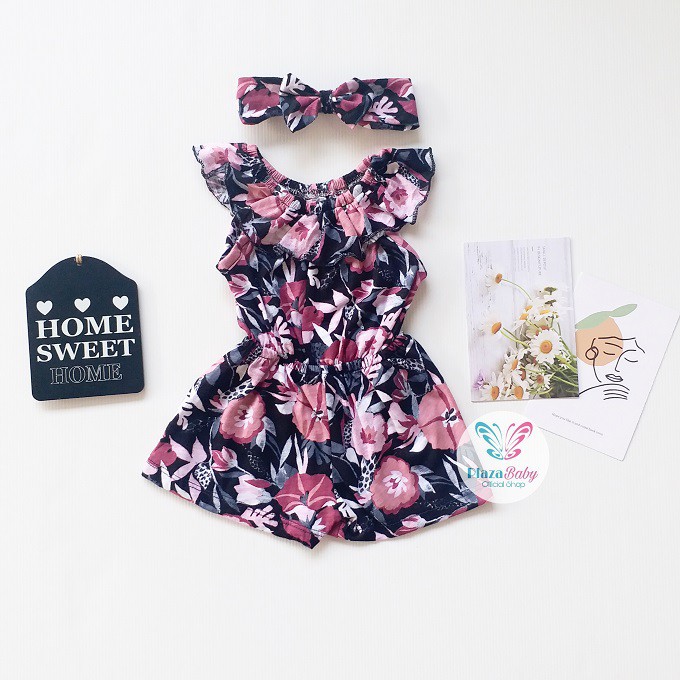 Plazababyku MX JUMPSUIT NESYA BANDO setelan bayi motif bunga yang lucu free headband