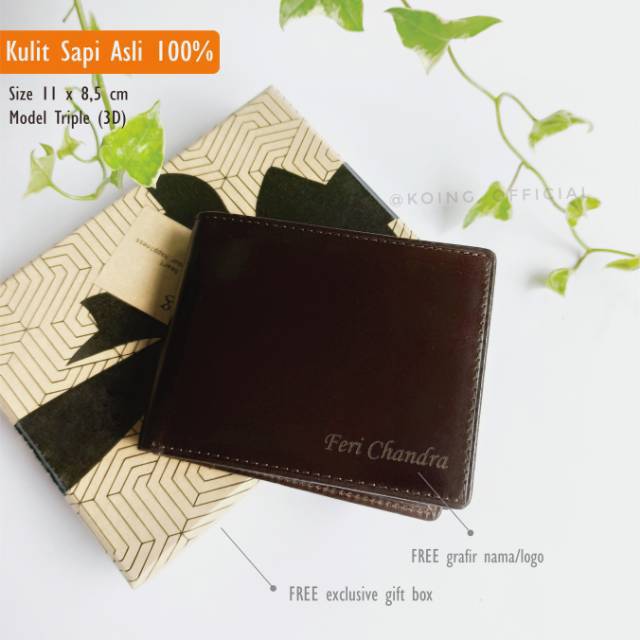 DOMPET PRIA KULIT ASLI LIPAT 3 DIMENSI MUAT BANYAK KARTU (CUSTOM NAMA)