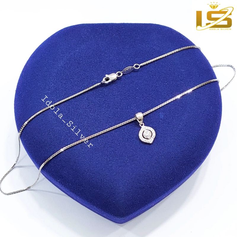 KALUNG PERAK ASLI SILVER WANITA 925 LAPIS EMAS PUTIH MODEL LIONTIN OVAL PERMATA+BULAT PERMATA - PERHIASAN PERAK WANITA ASLI