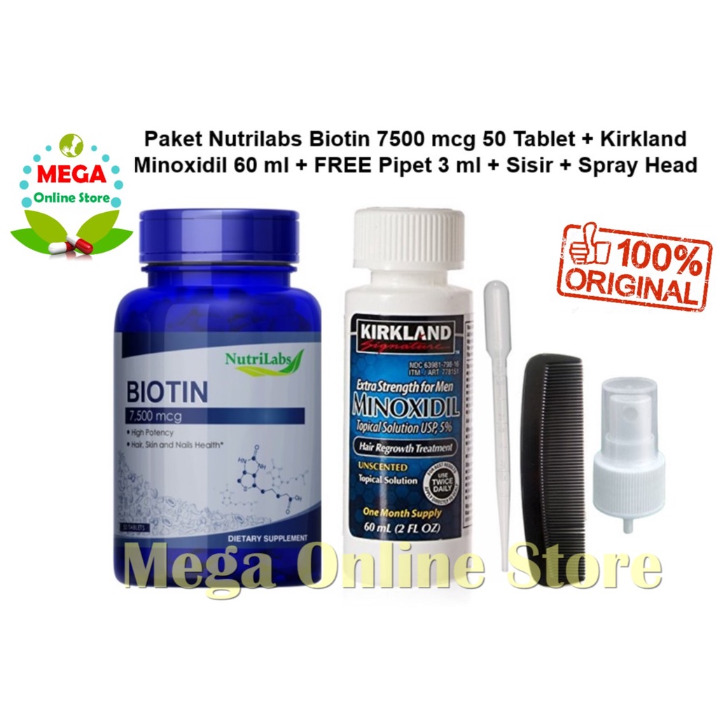 Paket Kirkland Minoxidil 60ml + Nutrilabs Biotin 7500 mcg USA