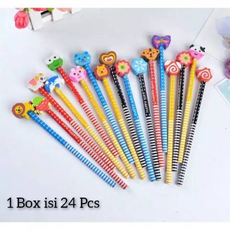

24 Pcs Pensil Kayu + Penghapus - 1 Box isi 24 Pcs Pensil Kayu Dan Penghapus Karakter