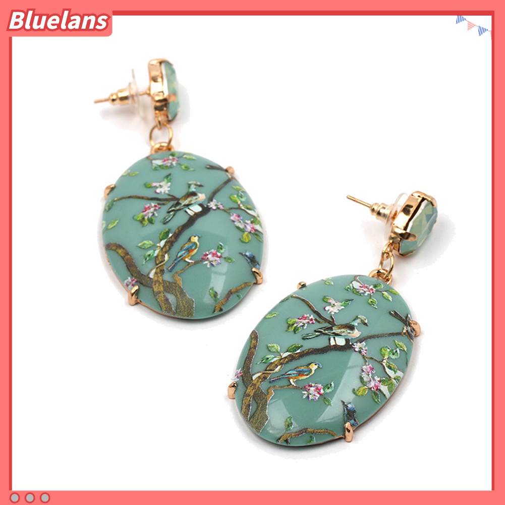 Anting Juntai Bentuk Oval Motif Bunga Dan Burung Bahan Resin Gaya Vintage Untuk Wanita