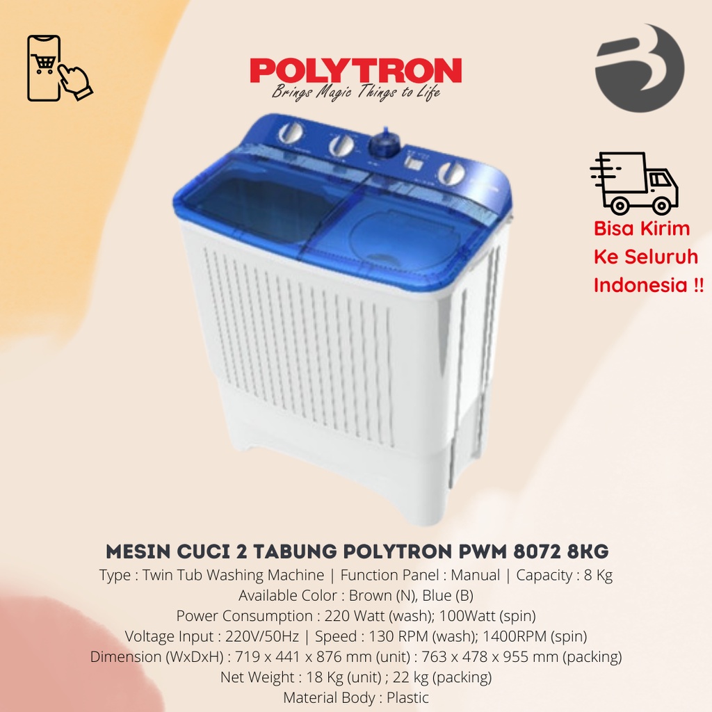 MESIN CUCI 2 TABUNG POLYTRON PWM 8072 8KG