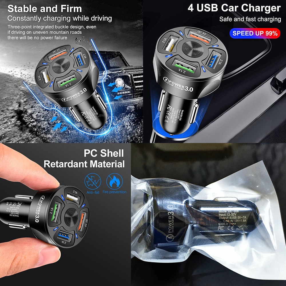 Pengisi Daya HP Universal Smartphone Car Charger 4 Port USB Single QC3.0 Triple Fast Charging USB2 H