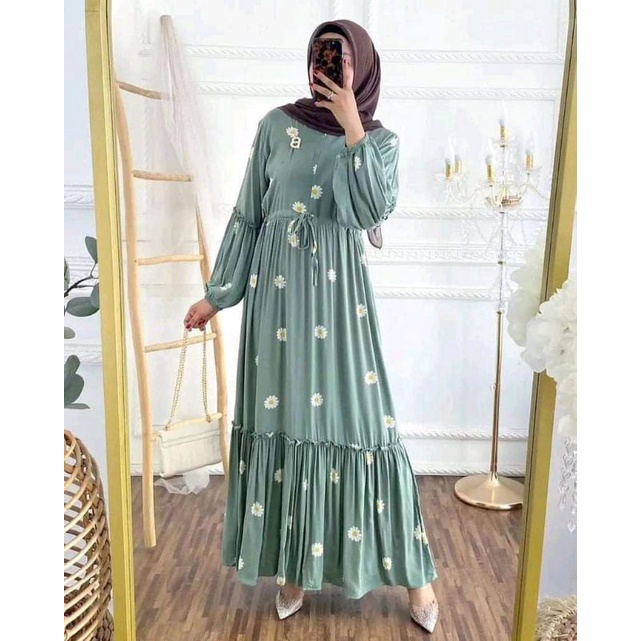 GAMIS RAYON DAISY MINT | MAXI MOTIF BUNGA HIJAU BUSUI | HOME DRESS