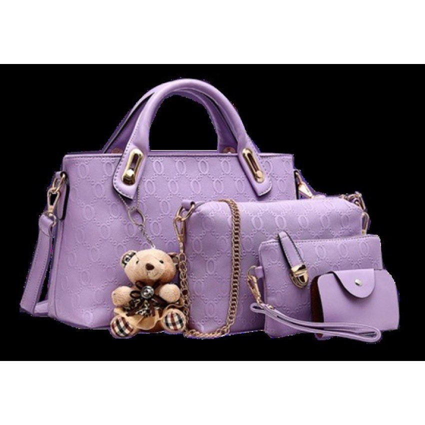 Promo Vicria Tas Branded Wanita - High Quality Korean Style 4in1 - Ungu Murah