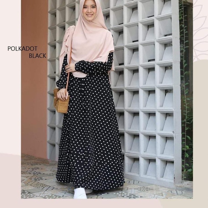 Gamis monalisa polkadot / gamis wanita syari / gamis polka best seller - Hitam