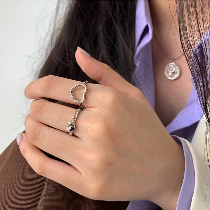 2pcs / Set Cincin Model Terbuka Dapat Disesuaikan Bentuk Hati Warna Silver Untuk Wanita