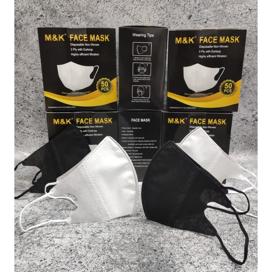 PER BOX 50 PC - MASKER DUCKBILL 3PLY M&K MK FACE MASK KEMENKES PUTIH WHITE 001.29