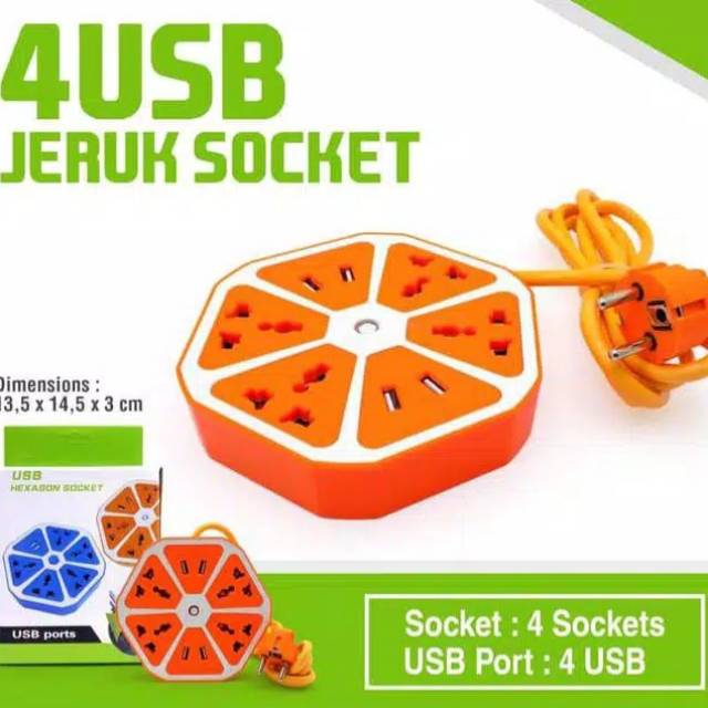 Stop Kontak Jeruk Terminal Listrik 4 Lubang 4 Port USB Ekstension Listrik Cabang 4 + 4 Output USB &amp; 2 USB