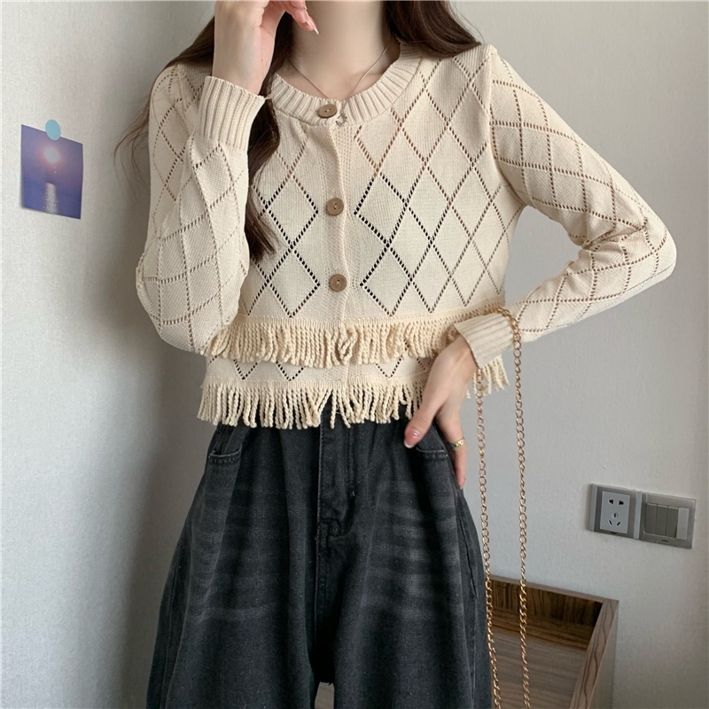 Cardigan Rajut Crop Top Polo Wanita Lengan Panjang