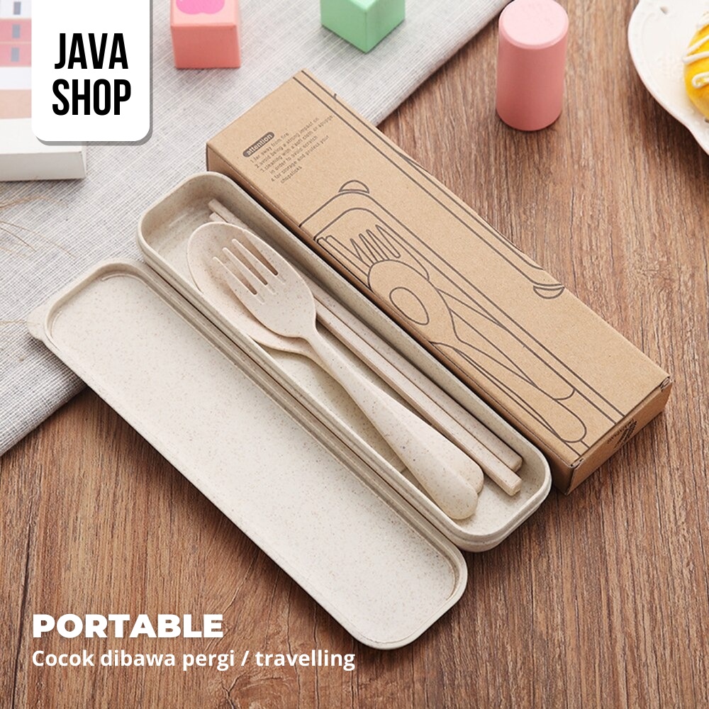 JAVASHOP Set Sendok Garpu Sumpit Travel Bahan Jerami Gandum