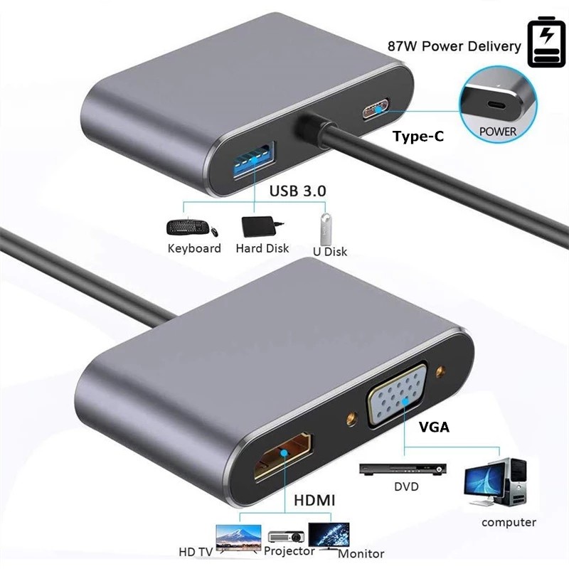 USB C to HDMI VGA USB3.0 PD 4k Konverter 4in1 for PC Laptop Smartphone Android