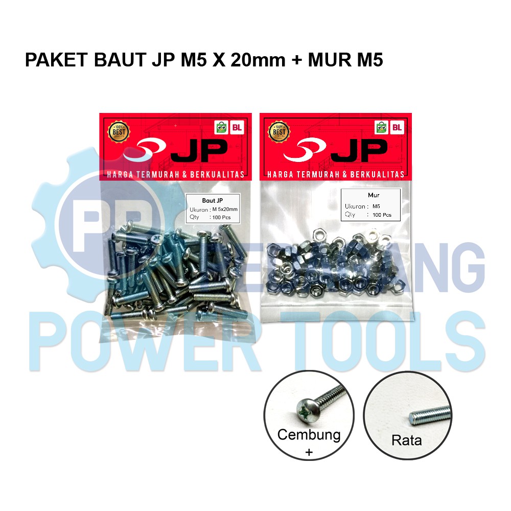 PAKET 2 SET BAUT MUR 5x20 BAUT JP M 5 x 20 MM MUR M5 SKRUP ISI 100 PCS