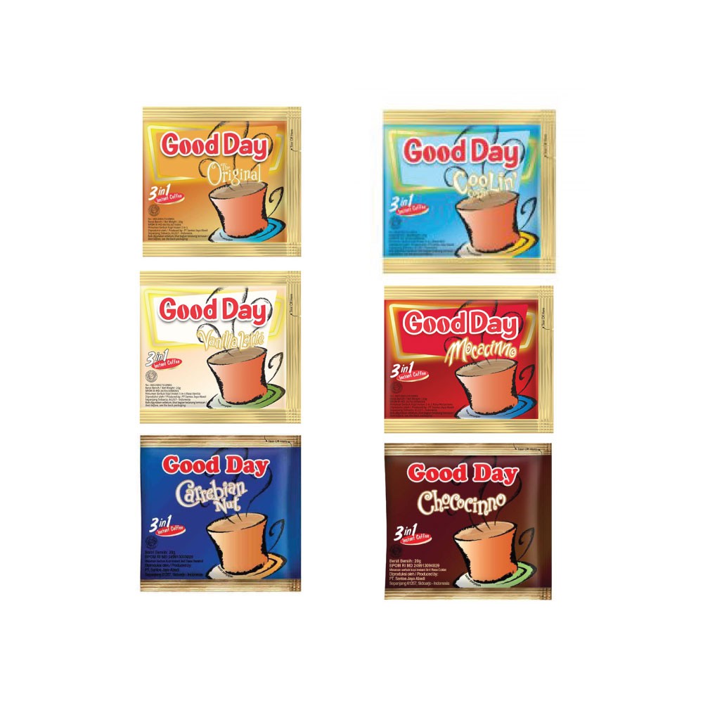 

KOPI GOOD DAY 3IN1 (PCS) (MOCACINO / VANILA LATT / CARREBIAN NUT / ORIGINAL / CHOCOCINNO / COOLIN)