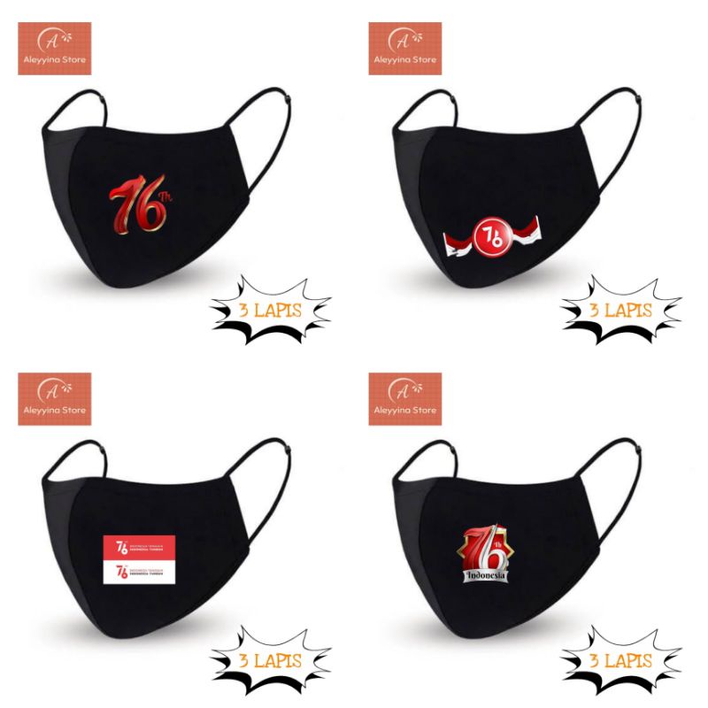 Masker Kain 3 lapis Merah Putih Edisi Hut RI ke 76 hitam pria wanita dewasa earloop headloop katun