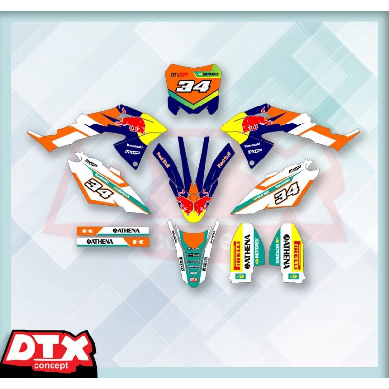 STIKER STRIPING DECAL KLX TRAIL SUPERMOTO RED BULLS ORANGE BIRU BANTENG KODE : 32