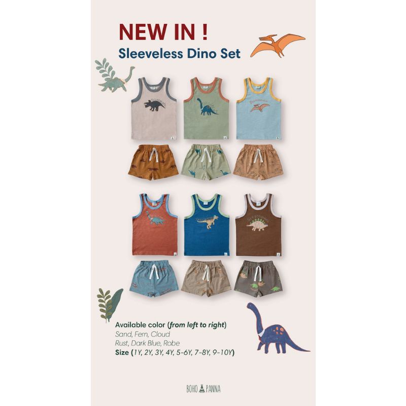 bohopanna sleevess Dino set top &amp; pants / setelan kutung anak motif Dino / set singlet bohopanna dino