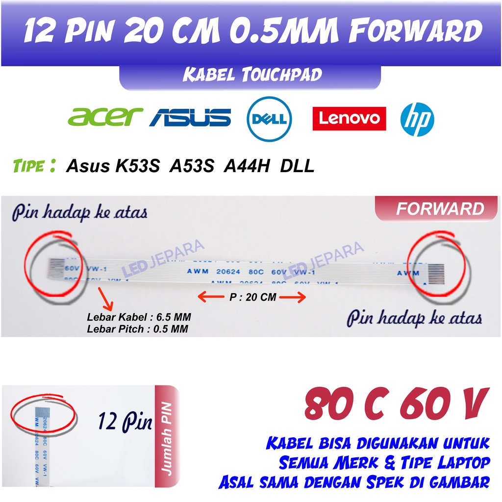 Kabel Flexible 12 Pin 20CM Searah Kabel Touchpad Asus A44H A53S K53S