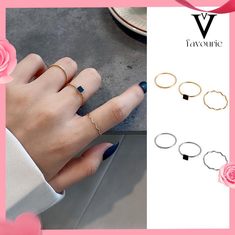 [COD]Cincin Zirkon Hitam Cincin Tiga Bagian Wanita High-end Sederhana Desain Niche Persegi Kecil-FA