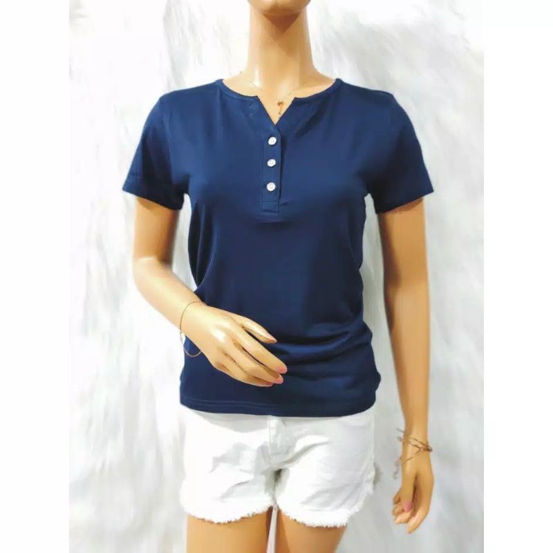 KAOS KANCING WANITA DEPAN 3 V NECK MURAH ABG ATASAN BASIC CEWEK LENGAN PENDEK PAKAI KOREA TERLARIS