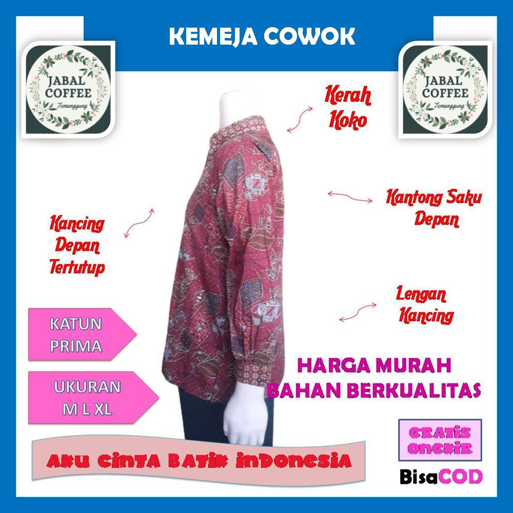 Baju Atasan Batik Katun Prima Pria Dewasa M L XL XXL / Atasan Panjang Pendek Kemeja Hem Batik J21