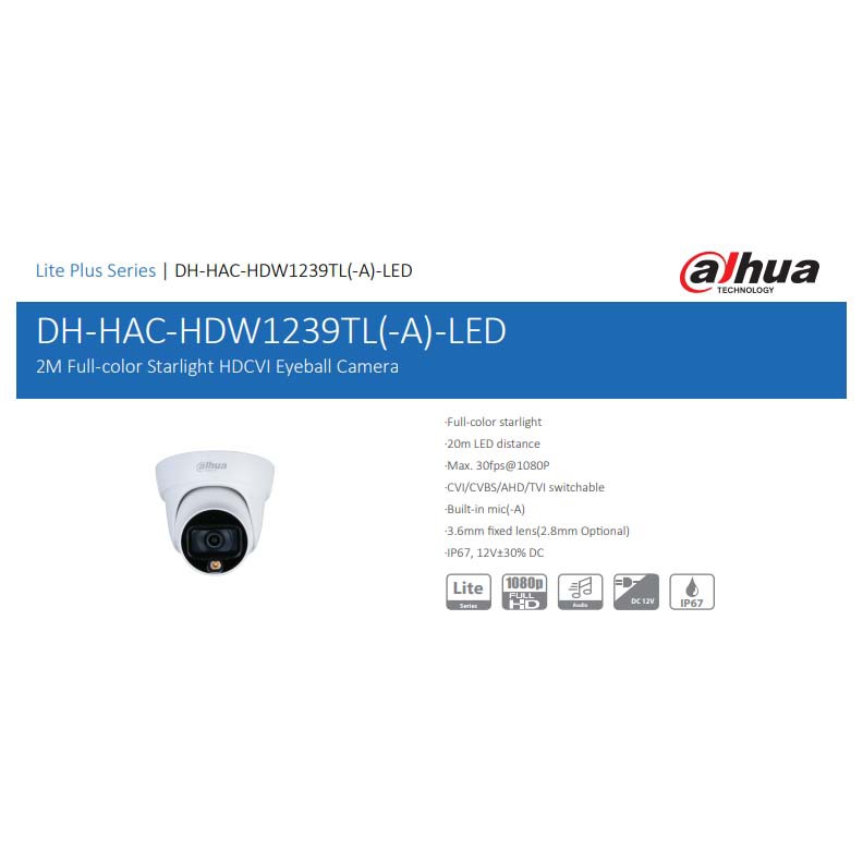 DAHUA HAC-HDW1239TL-LED 2M Full-color Starlight HDCVI Eyeball Camera Bergaransi Resmi 3 Tahun